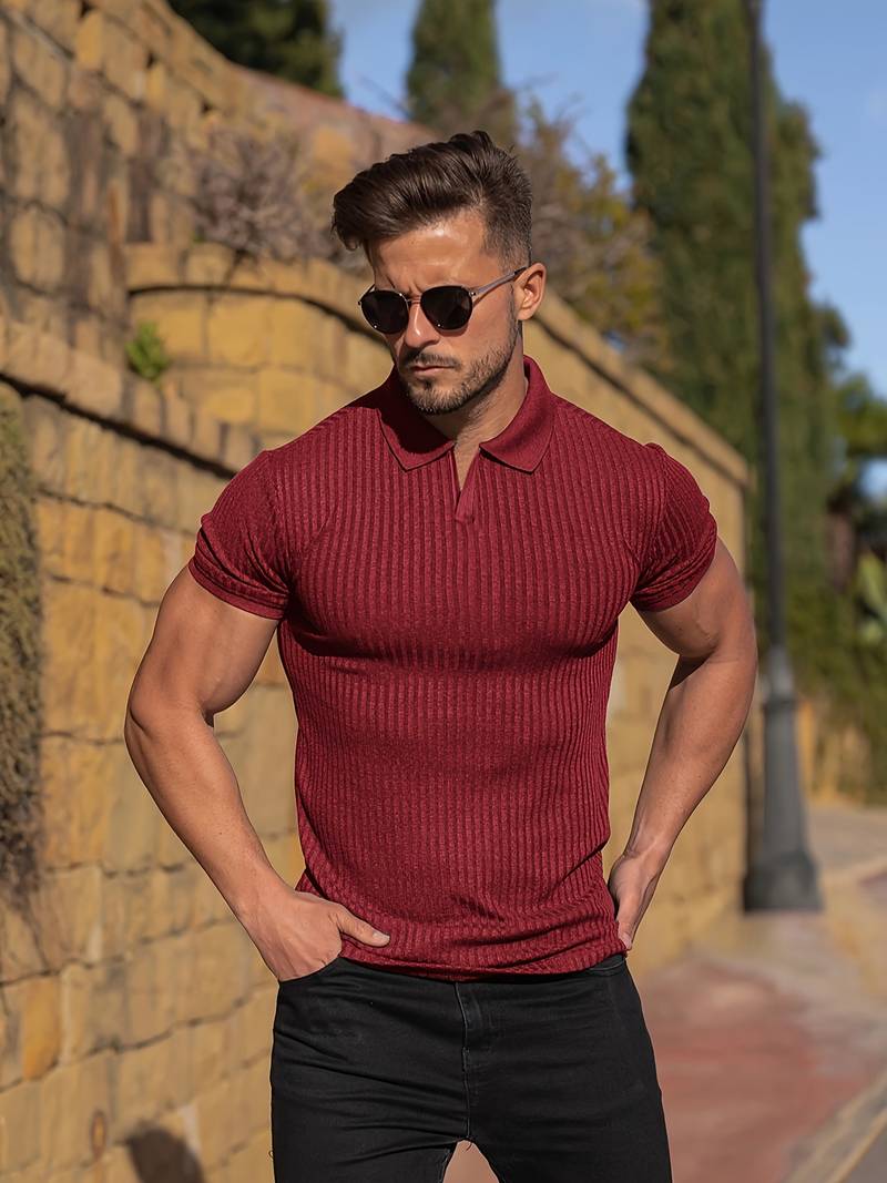 Polo pour Hommes Ajusté en Tricot Doux à Côtes à Manches Courtes 1