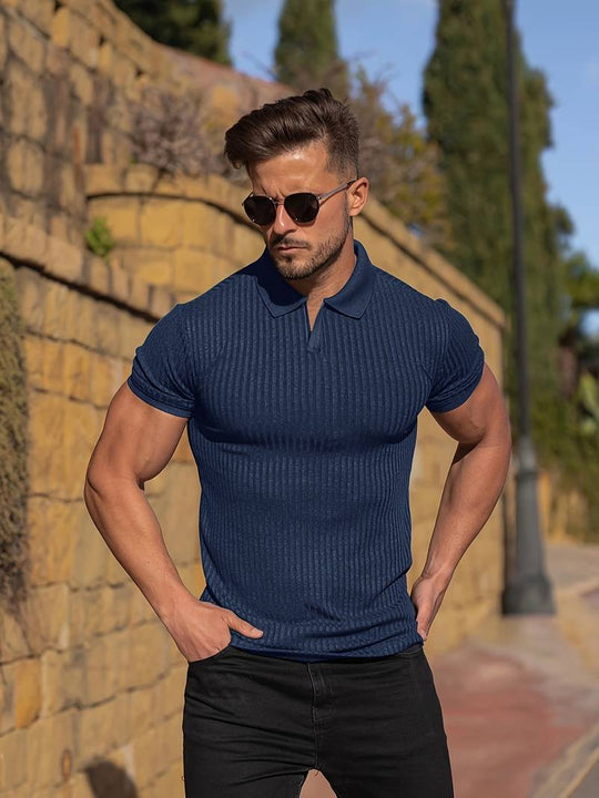 Polo pour Hommes Ajusté en Tricot Doux à Côtes à Manches Courtes 3