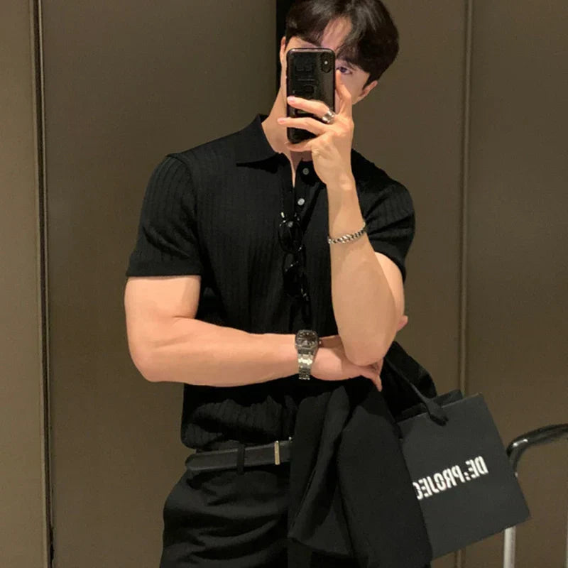 Polo pour Hommes Coupe Ajustée Tricot Doux à Côtes Manches Courtes 1