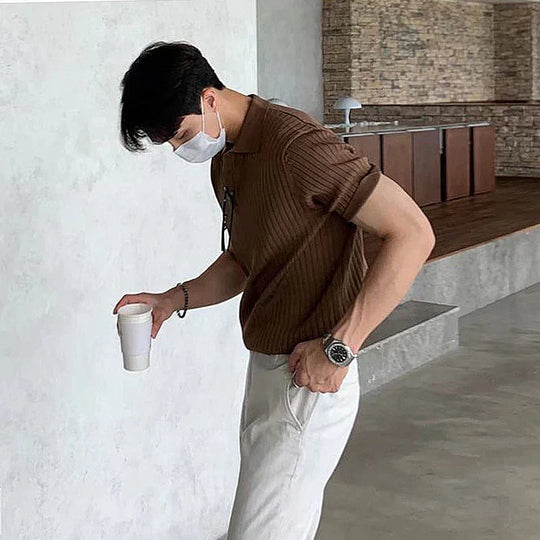 Polo pour Hommes Coupe Ajustée Tricot Doux à Côtes Manches Courtes 2