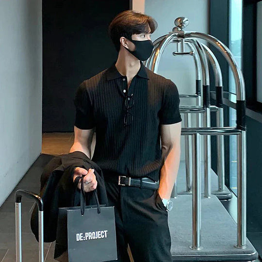 Polo pour Hommes Coupe Ajustée Tricot Doux à Côtes Manches Courtes 3
