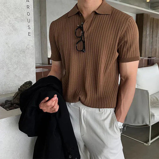 Polo pour Hommes Coupe Ajustée Tricot Doux à Côtes Manches Courtes 4