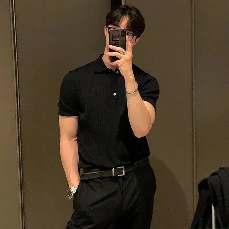 Polo pour Hommes Coupe Ajustée Tricot Doux à Côtes Manches Courtes 5