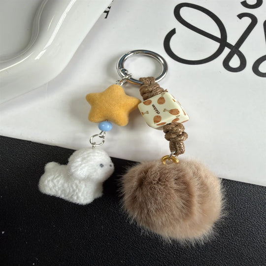 Porte Clés Femme Ludique avec Pompon et Breloque Chien 0