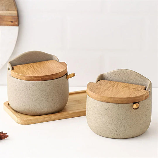Pot à épices en céramique Japonais avec couvercle en bambou 0
