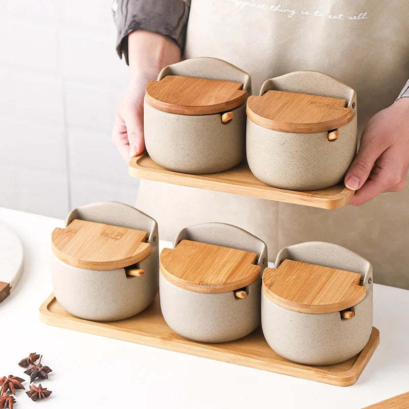 Pot à épices en céramique Japonais avec couvercle en bambou 1