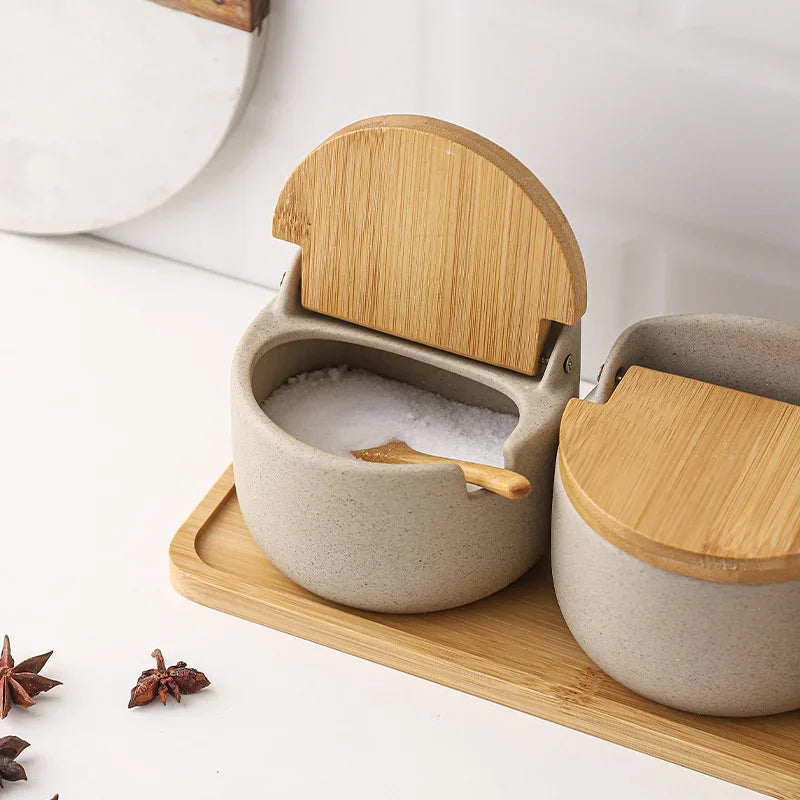 Pot à épices en céramique Japonais avec couvercle en bambou 2