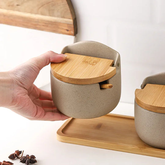 Pot à épices en céramique Japonais avec couvercle en bambou 3