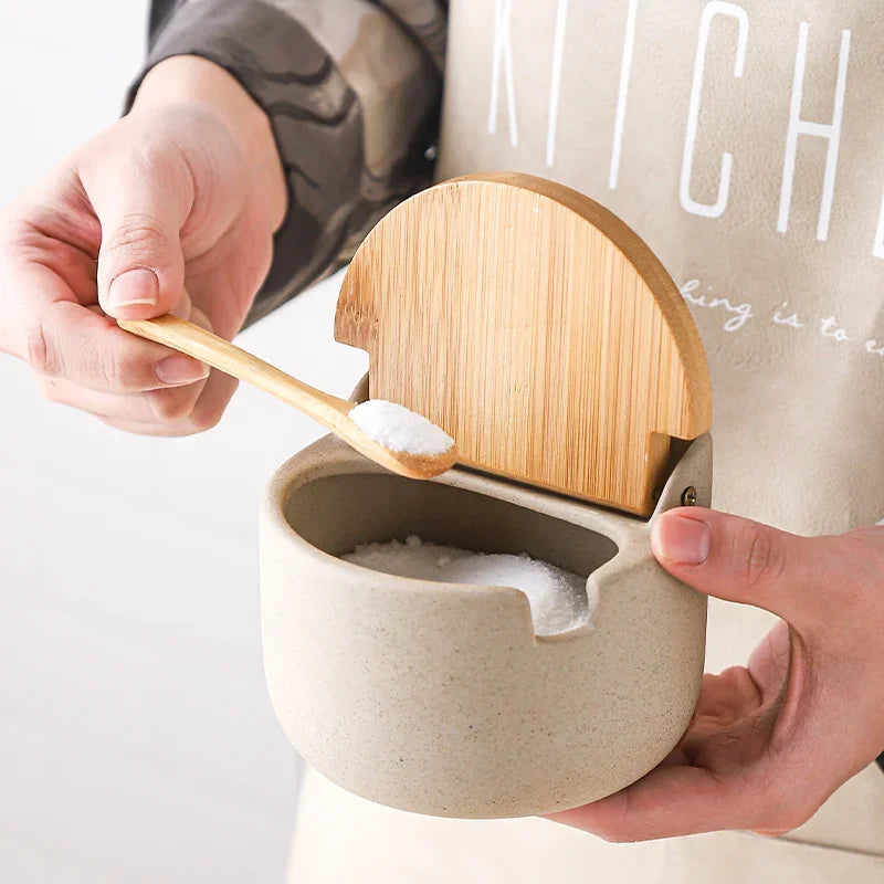 Pot à épices en céramique Japonais avec couvercle en bambou 4