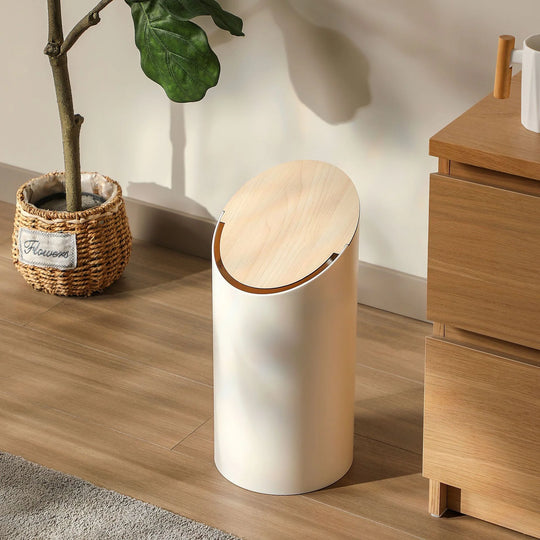 Poubelle ovale avec couvercle pivotant en bois pour intérieur moderne 2