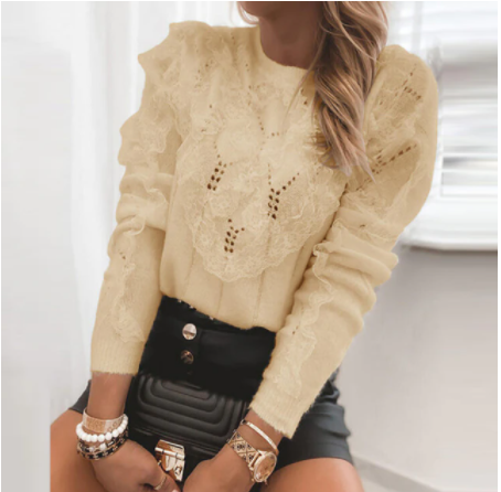 Pull Femme Ajouré à Manches Longues Col Rond 10