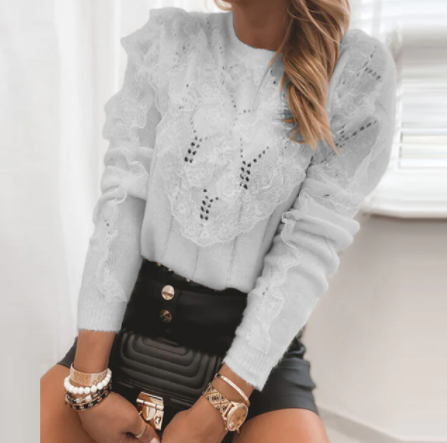 Pull Femme Ajouré à Manches Longues Col Rond 8