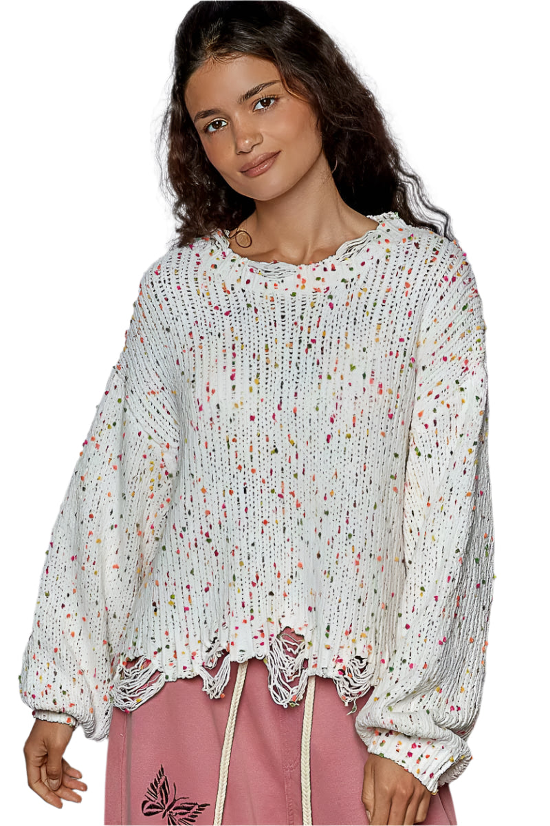 Pull Femme Col Rond Ourlet Frangé Polyester Texture Popcorn 1