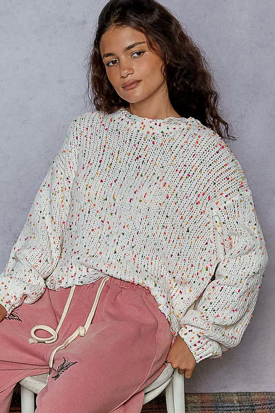 Pull Femme Col Rond Ourlet Frangé Polyester Texture Popcorn 2