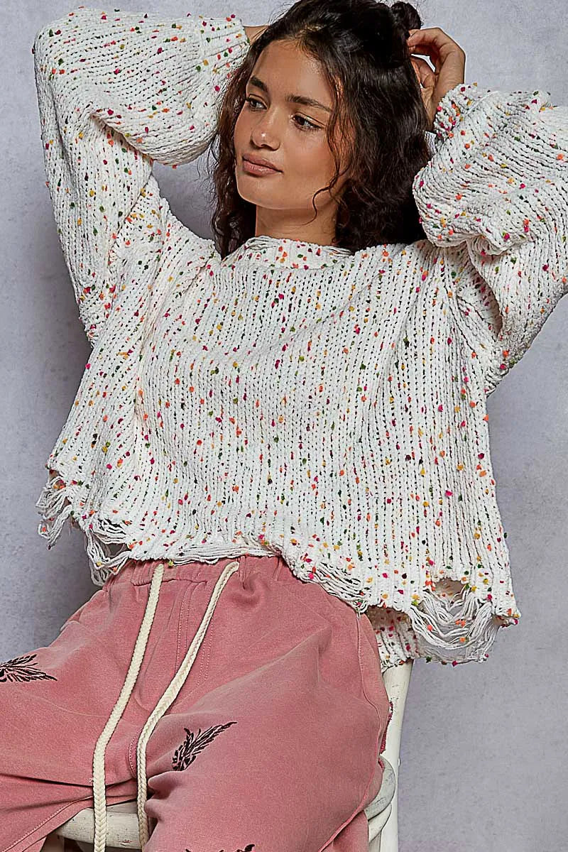 Pull Femme Col Rond Ourlet Frangé Polyester Texture Popcorn 6