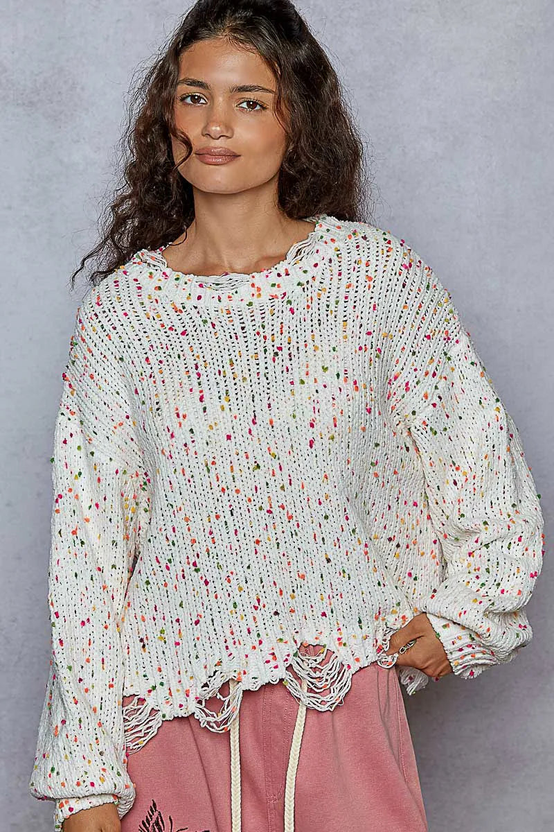 Pull Femme Col Rond Ourlet Frangé Polyester Texture Popcorn 7