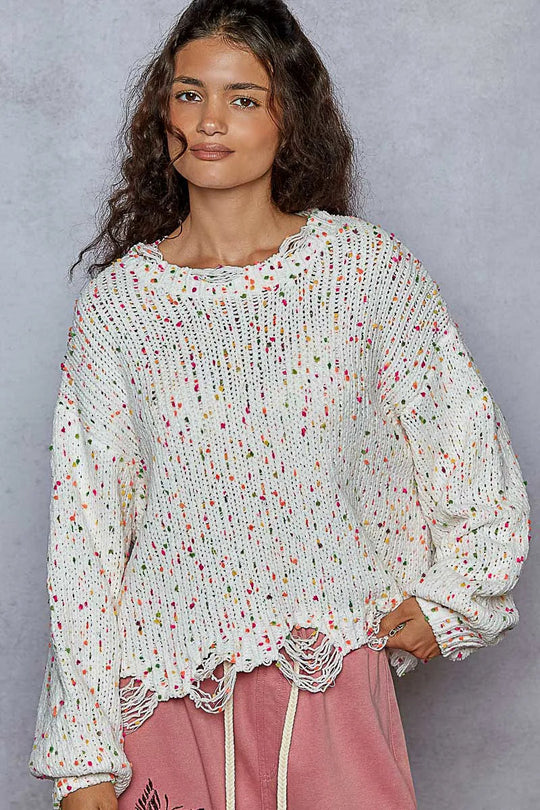 Pull Femme Col Rond Ourlet Frangé Polyester Texture Popcorn 7