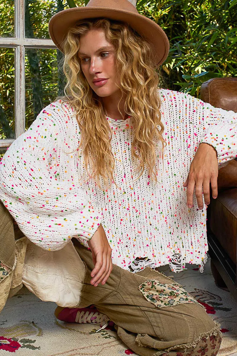 Pull Femme Col Rond Ourlet Frangé Polyester Texture Popcorn 8