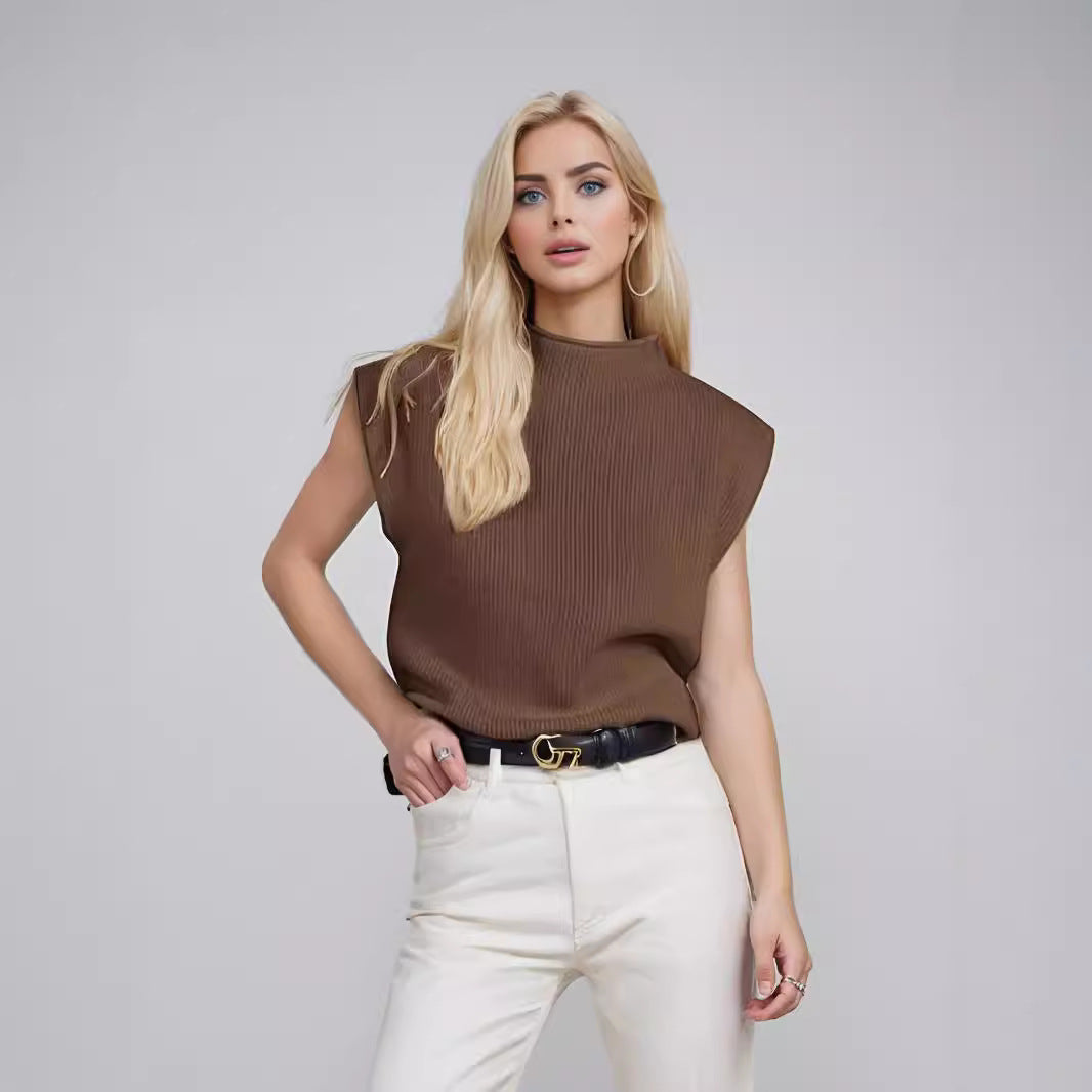 Pull Femme Col Roulé Sans Manches en Laine Côtelée 3