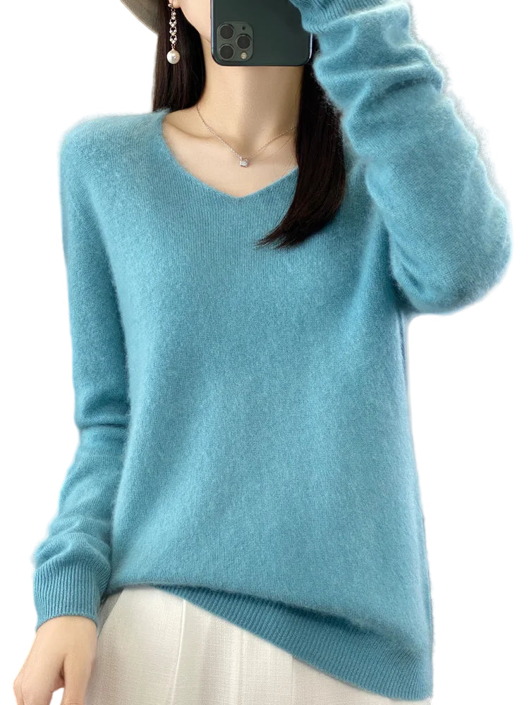 Pull Femme Col V Manches Longues en Laine Merino Douce 0