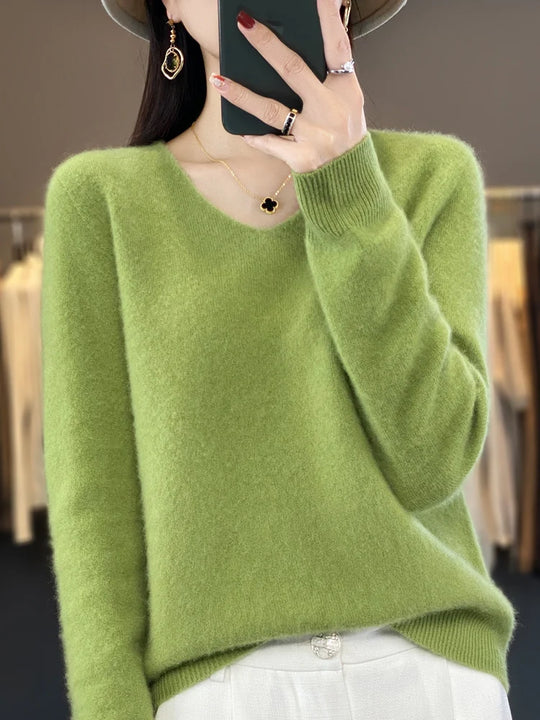 Pull Femme Col V Manches Longues en Laine Merino Douce 1