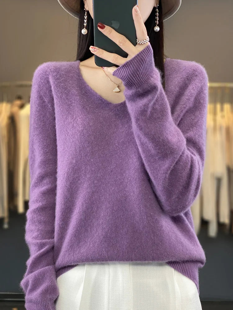 Pull Femme Col V Manches Longues en Laine Merino Douce 12