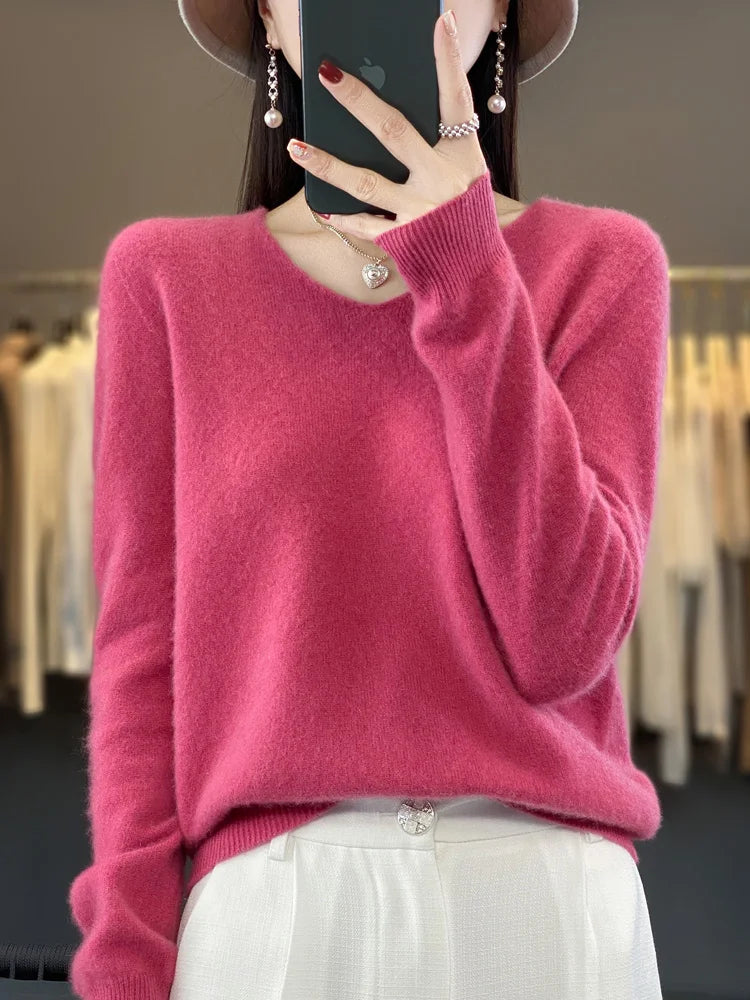 Pull Femme Col V Manches Longues en Laine Merino Douce 14