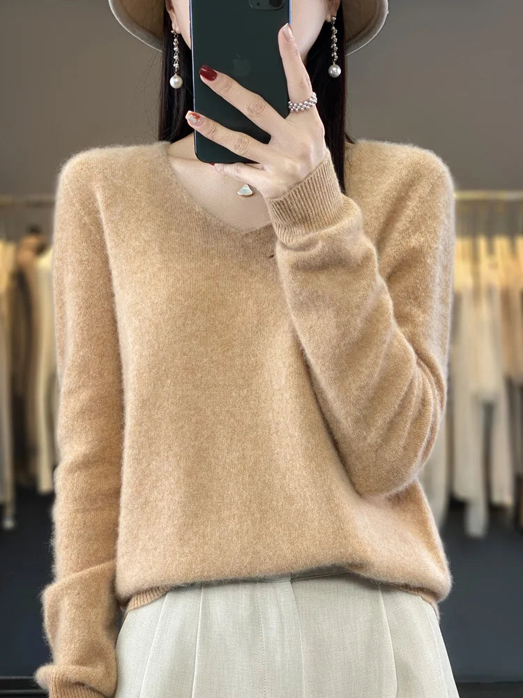 Pull Femme Col V Manches Longues en Laine Merino Douce 15