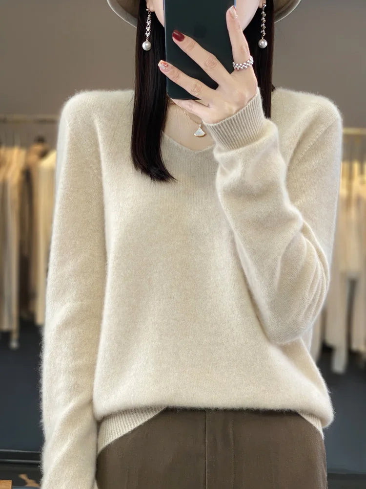Pull Femme Col V Manches Longues en Laine Merino Douce 19
