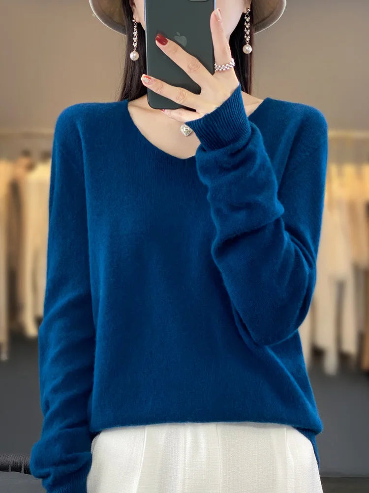 Pull Femme Col V Manches Longues en Laine Merino Douce 20