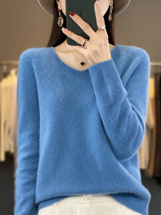 Pull Femme Col V Manches Longues en Laine Merino Douce 3