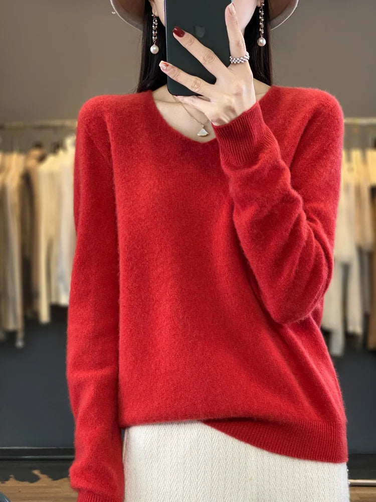 Pull Femme Col V Manches Longues en Laine Merino Douce 4