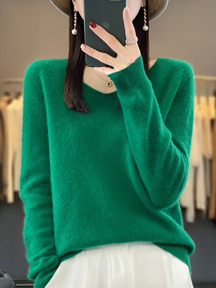 Pull Femme Col V Manches Longues en Laine Merino Douce 5
