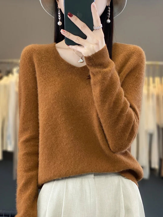 Pull Femme Col V Manches Longues en Laine Merino Douce 6