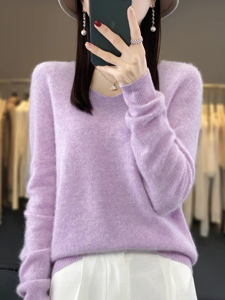 Pull Femme Col V Manches Longues en Laine Merino Douce 8