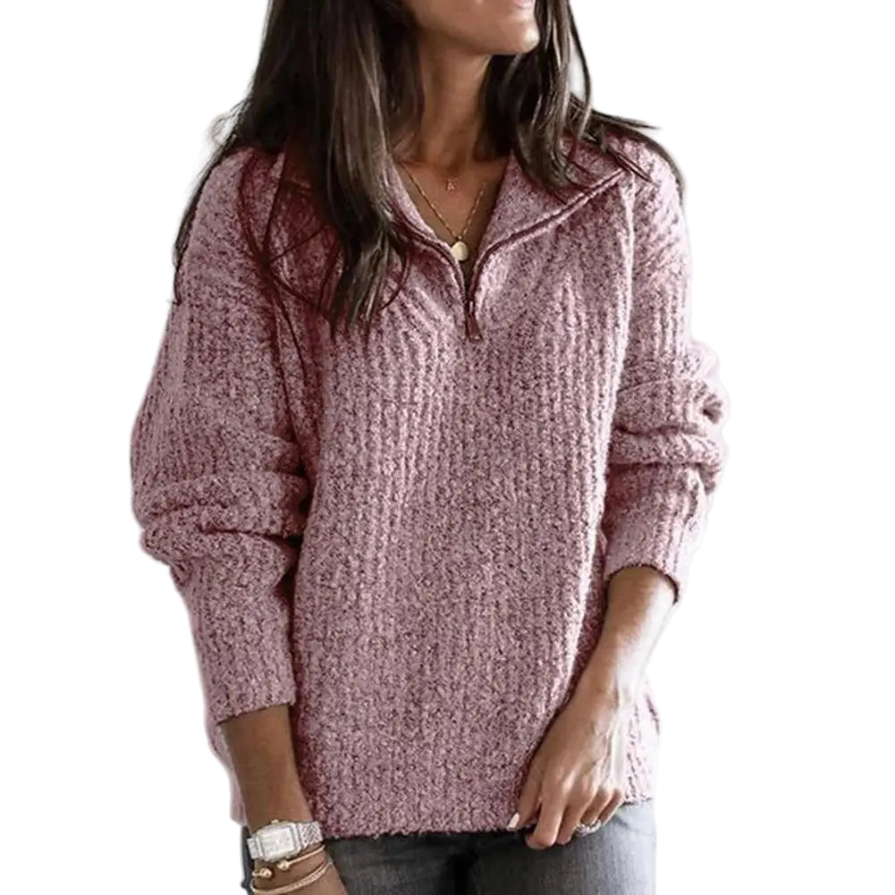 Pull Femme Demi-Zip Tricot Décontracté Manches Longues 0