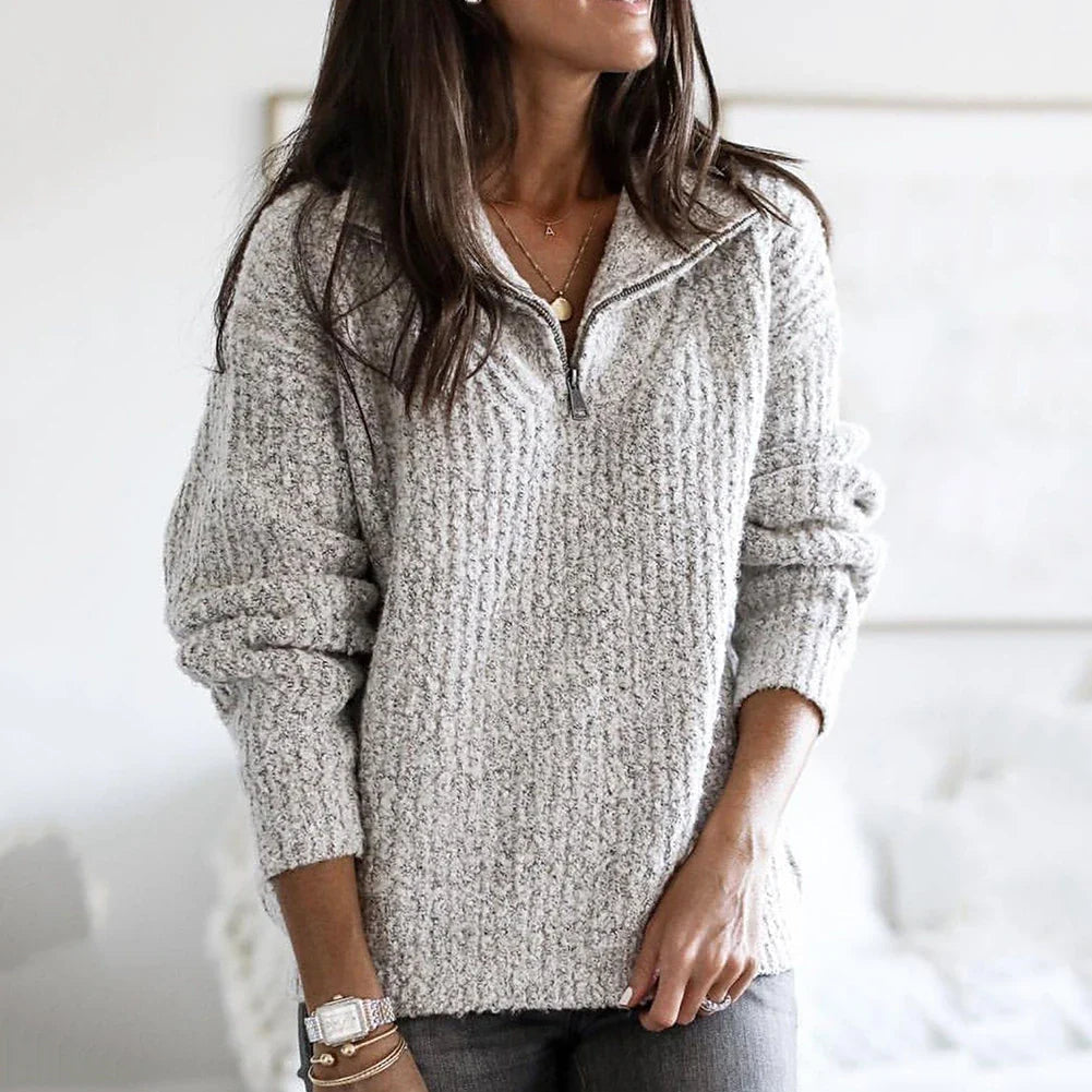Pull Femme Demi-Zip Tricot Décontracté Manches Longues 2