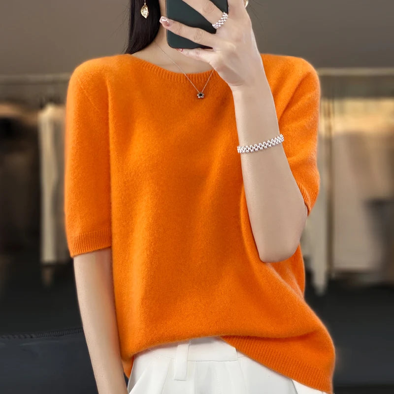 Pull Femme Laine Mérinos Col Rond Manches Courtes Doux 0