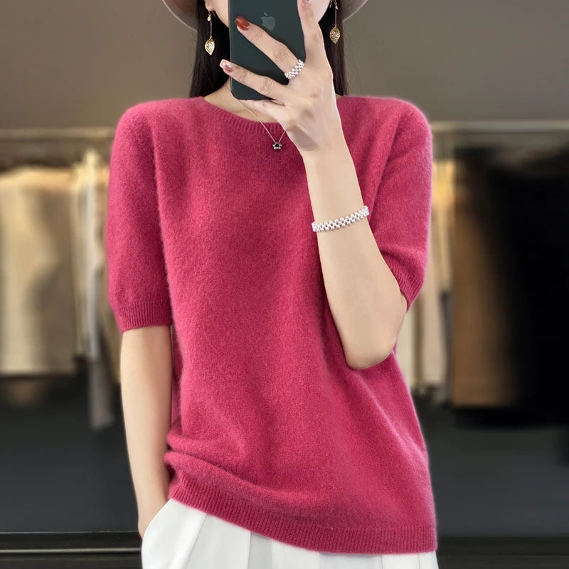 Pull Femme Laine Mérinos Col Rond Manches Courtes Doux 1