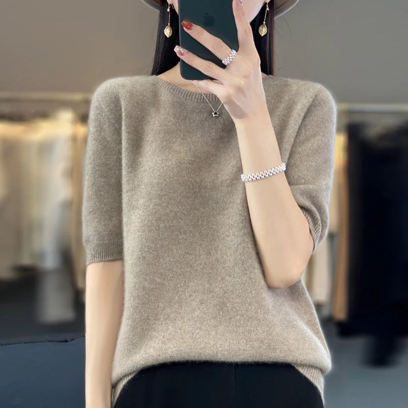 Pull Femme Laine Mérinos Col Rond Manches Courtes Doux 3