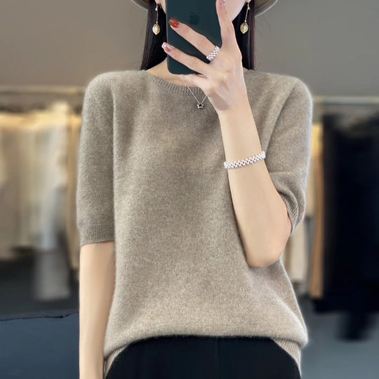 Pull Femme Laine Mérinos Col Rond Manches Courtes Doux 3