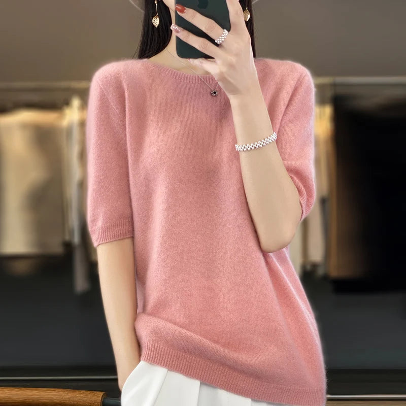 Pull Femme Laine Mérinos Col Rond Manches Courtes Doux 4