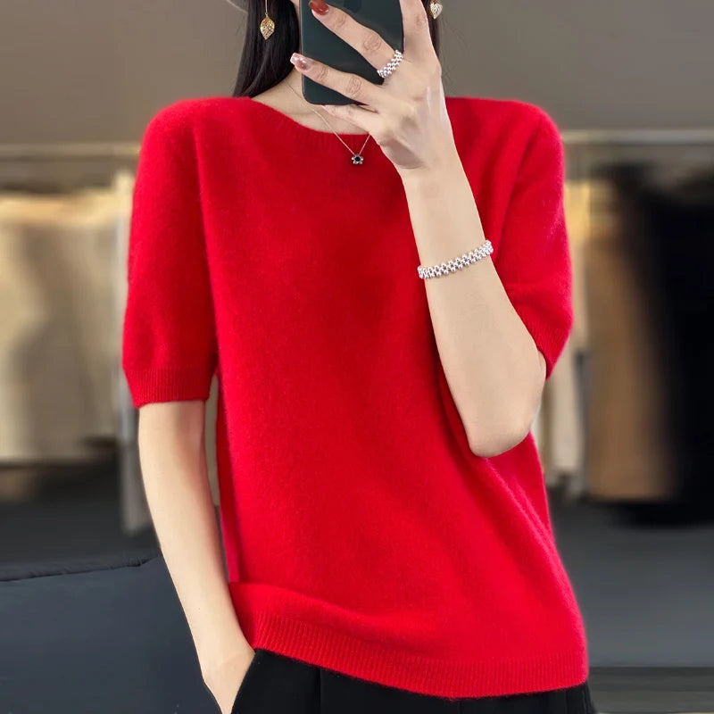 Pull Femme Laine Mérinos Col Rond Manches Courtes Doux 5