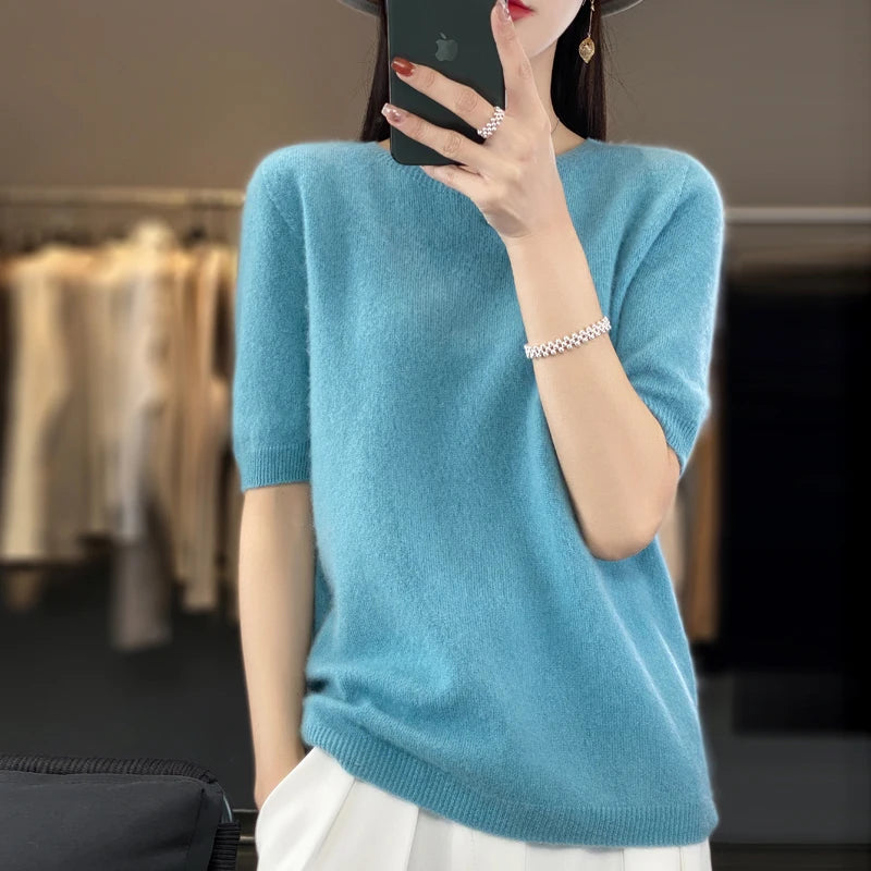 Pull Femme Laine Mérinos Col Rond Manches Courtes Doux 6