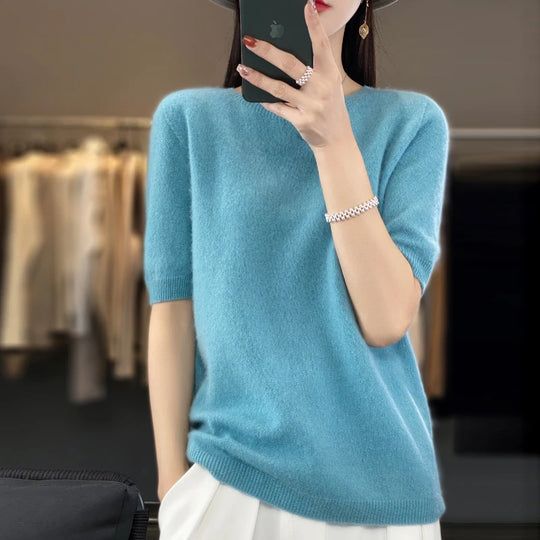 Pull Femme Laine Mérinos Col Rond Manches Courtes Doux 6