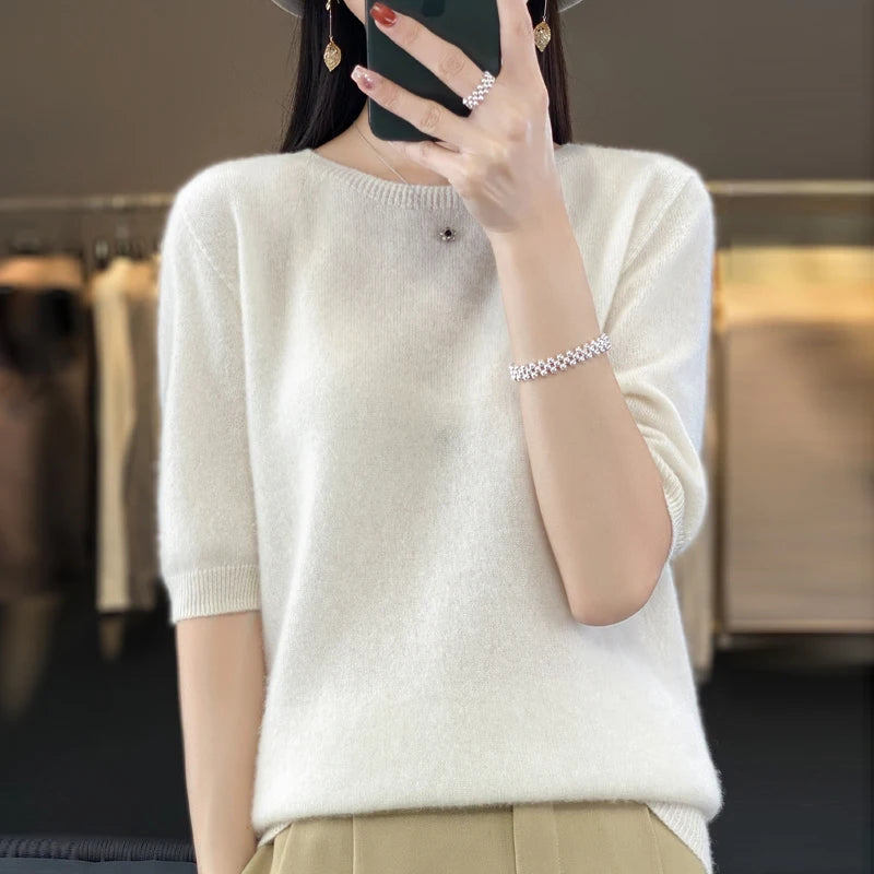 Pull Femme Laine Mérinos Col Rond Manches Courtes Doux 9