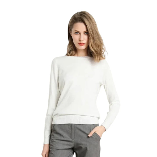 Pull Femme Laine Mérinos Col Rond Manches Longues Ajusté