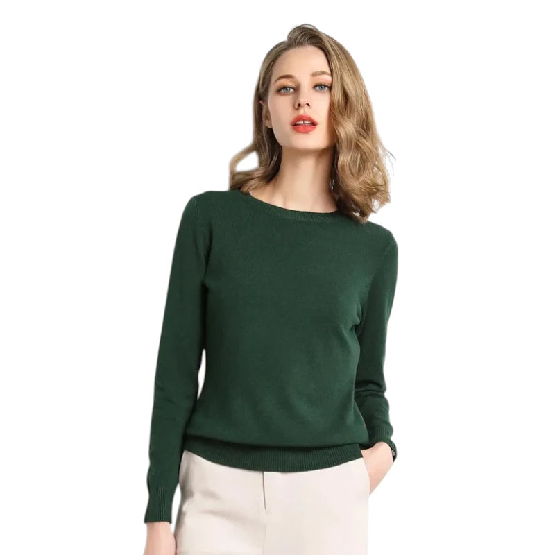 Pull Femme Laine Mérinos Col Rond Manches Longues Ajusté