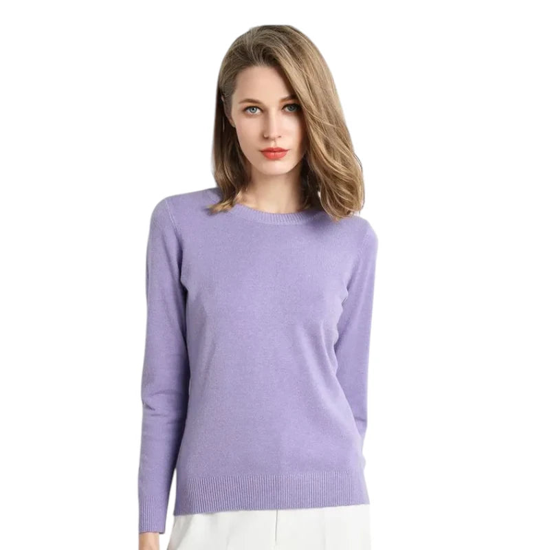 Pull Femme Laine Mérinos Col Rond Manches Longues Ajusté
