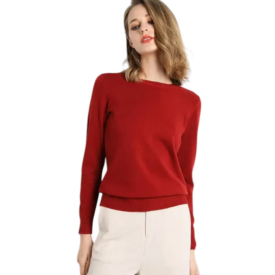 Pull Femme Laine Mérinos Col Rond Manches Longues Ajusté
